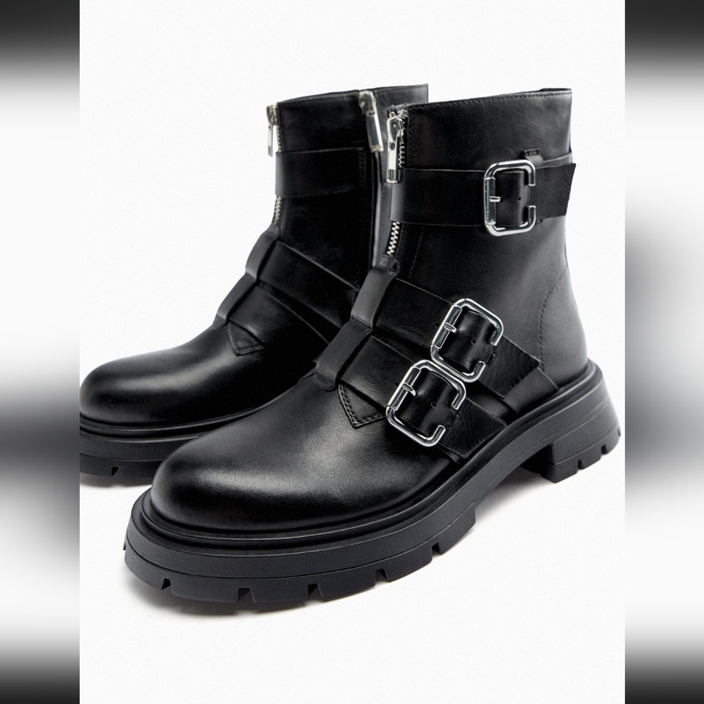 Size 36 Zara Black Leather Ankle Boots Buckle New Gothic shoes size 6